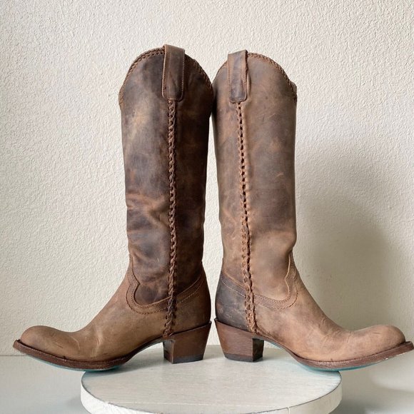 Lane PLAIN JANE Womens Western Boots 7 Brown Leather Cowboy Round Toe 16" Tall - Picture 7 of 9